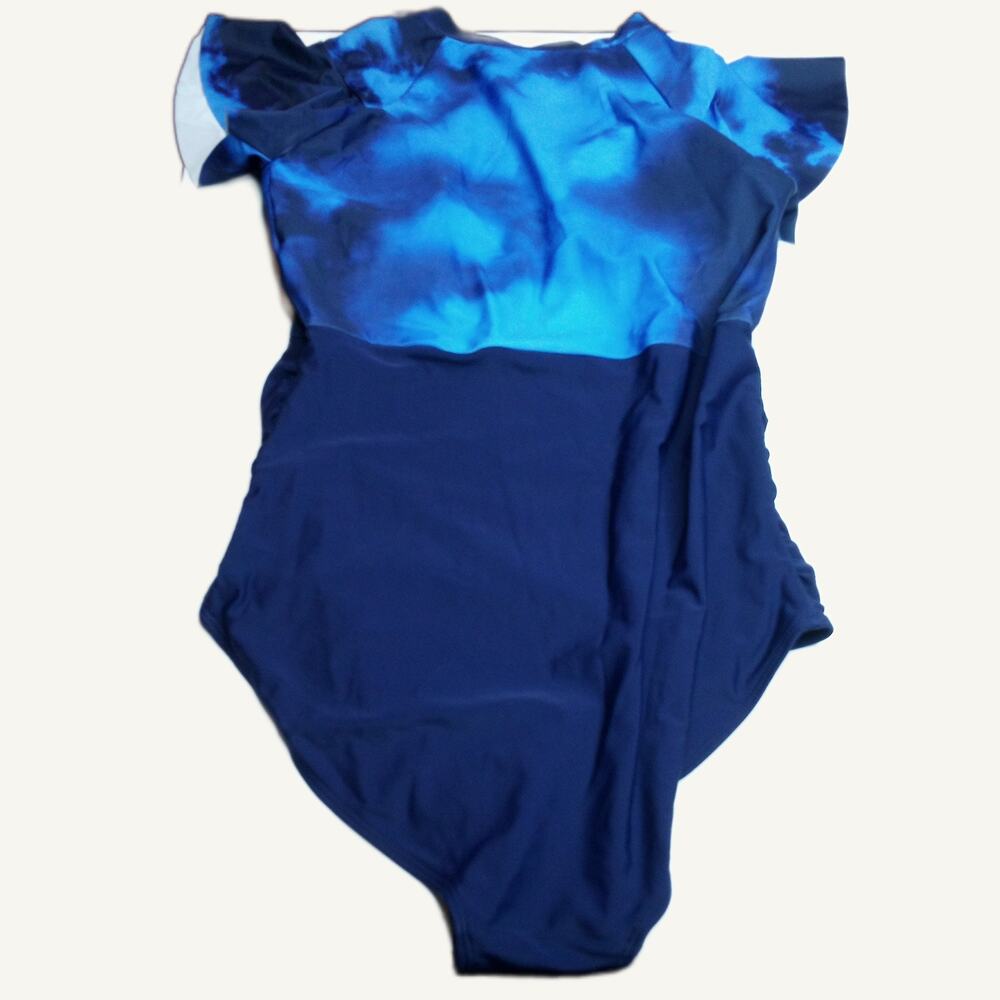 Blue Tie Dye One Piece Swimsuit Short Sleeve Zip Front - Women's L
